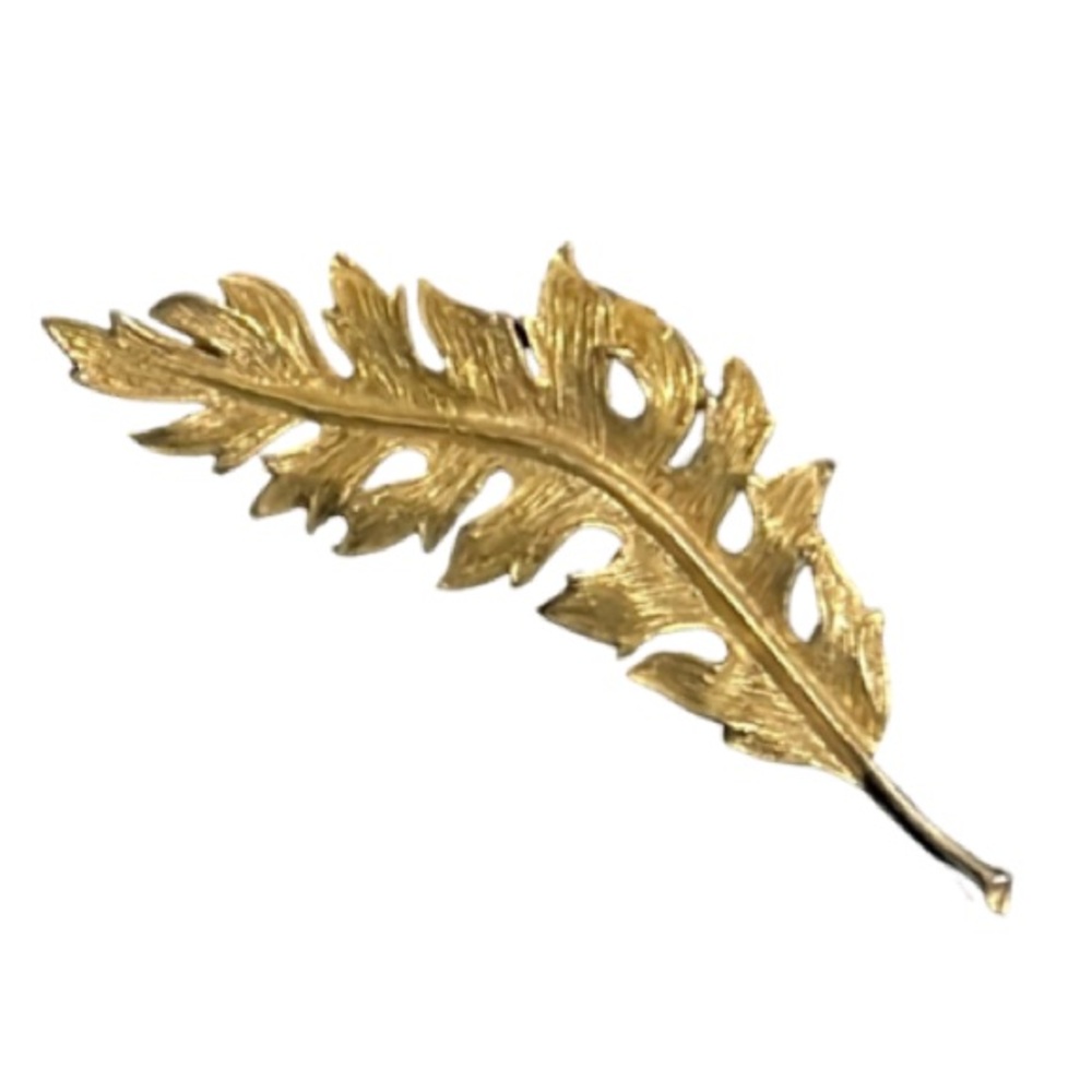 Vintage Whimsical 14k Gold Plated Textured Wavy Fluffy Feather Leaf Brooch
